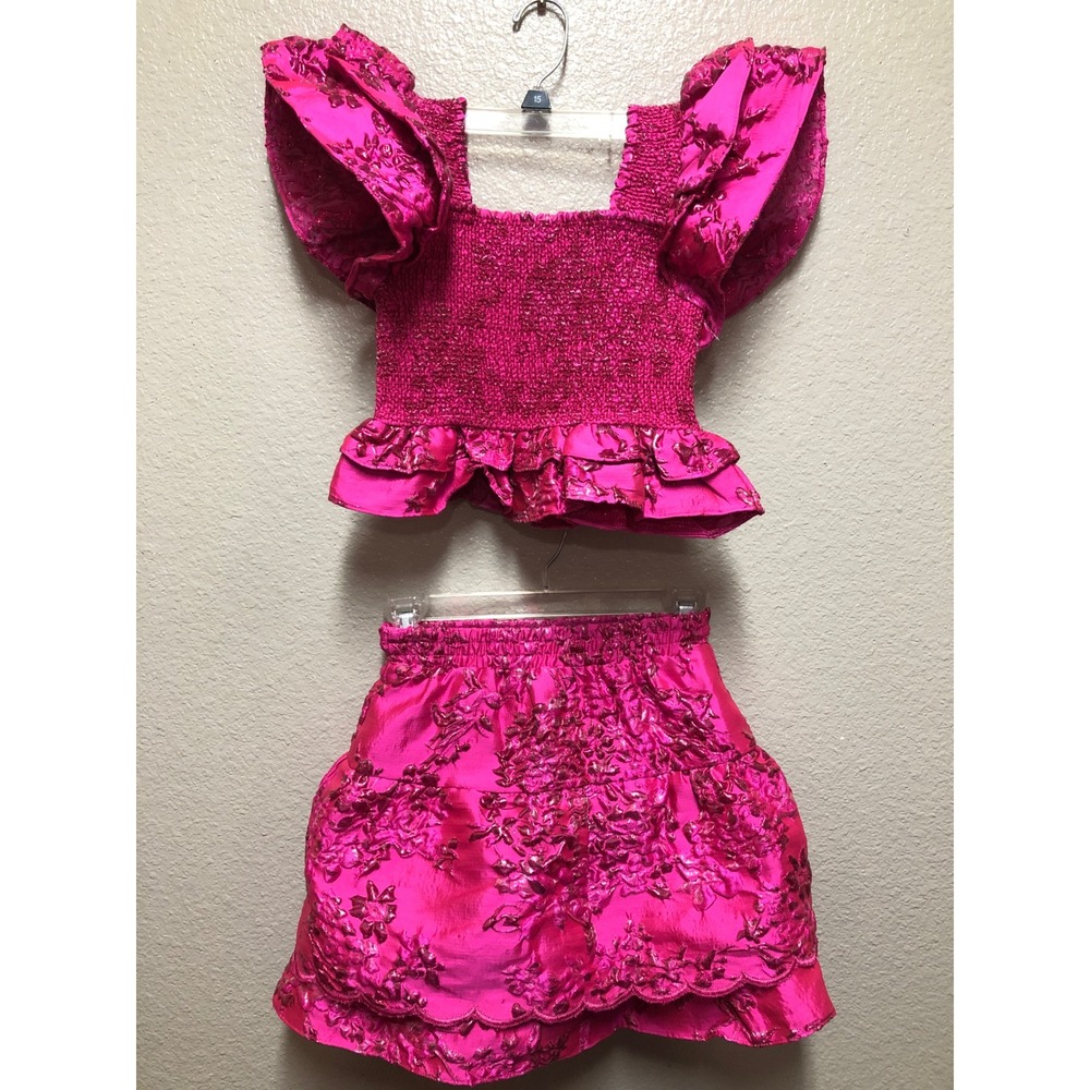 Buddy Love Girls Hot Pink Metallic Floral SZSmall Smock Peplum Top Tiered Skort
